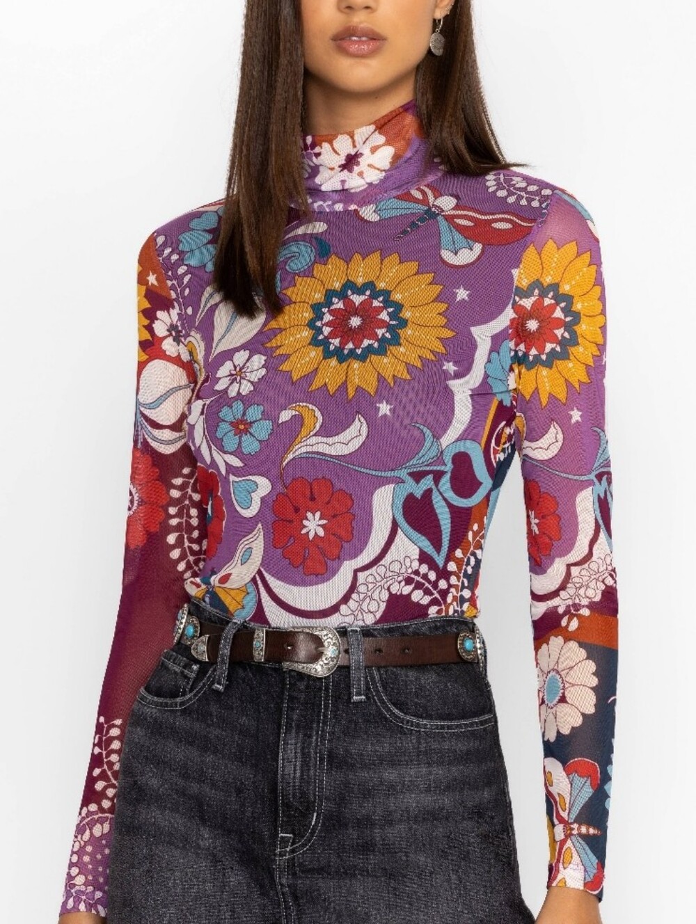 JOHNNY WAS JADE Sheer Mesh Rebecca Mock Neck Paisley Tee Top Size Medium